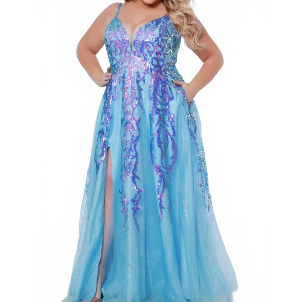 NEW SYDNEY'S CLOSET sequin applique tulle gown in sky